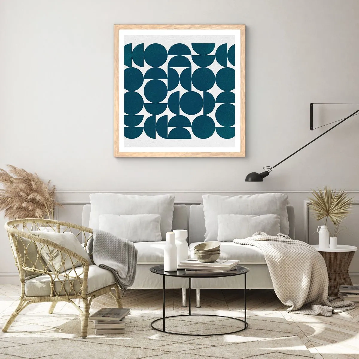 Plakát v rámu světlý dub - Kruhy a půlkruhy - 60x60 cm