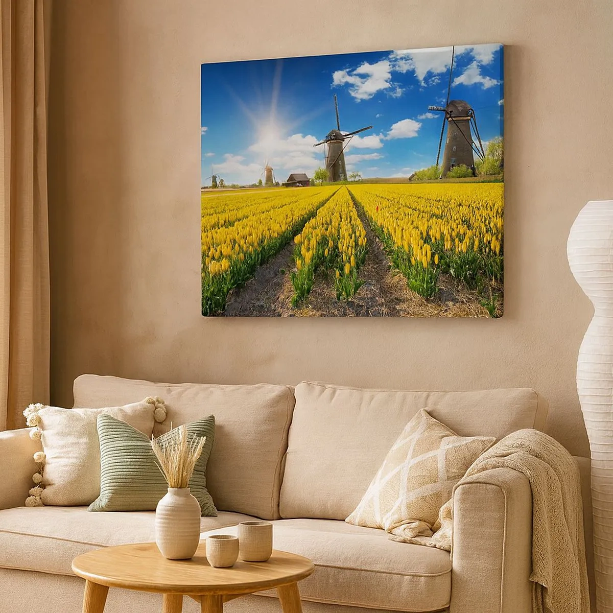 Obraz na plátně - Pole žlutých tulipánů s větrnými mlýny na obzoru - 70x50cm - Více nizozemský nemůže být - Moderní nástěnná dekorace do obývacího pokoje a ložnice ARTTOR
