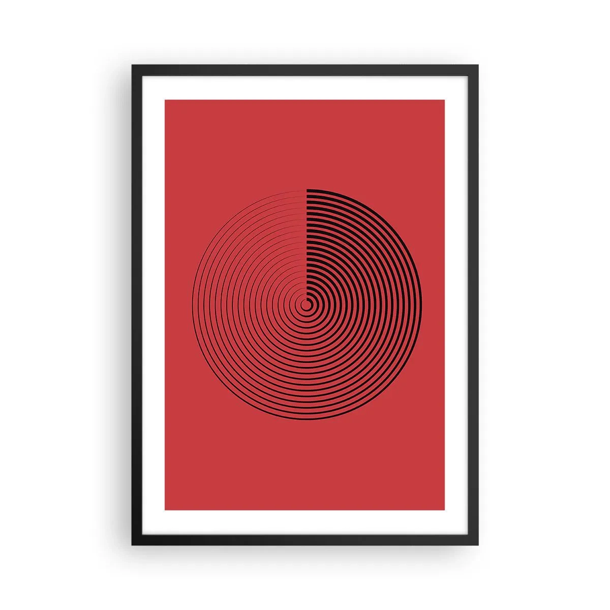 Plakát v černém rámu - Geometrická spirála na červeném pozadí v minimalistickém stylu - 50x70cm - Kruhový pohyb - Moderní nástěnná dekorace do obývacího pokoje a ložnice ARTTOR