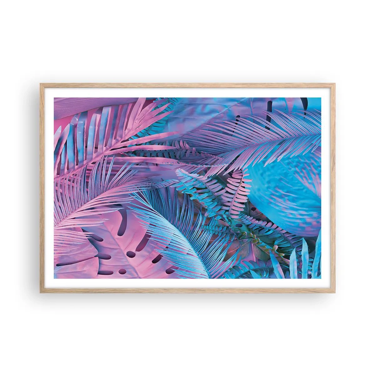 Plakát v rámu světlý dub - Tropy v růžové a modré - 100x70 cm