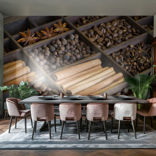 Fototapeta Standard Eco - Koření a káva v dřevěných přihrádkách - 100x70cm - Pokladnice vůní - Moderní nástěnná dekorace do obývacího pokoje a ložnice ARTTOR