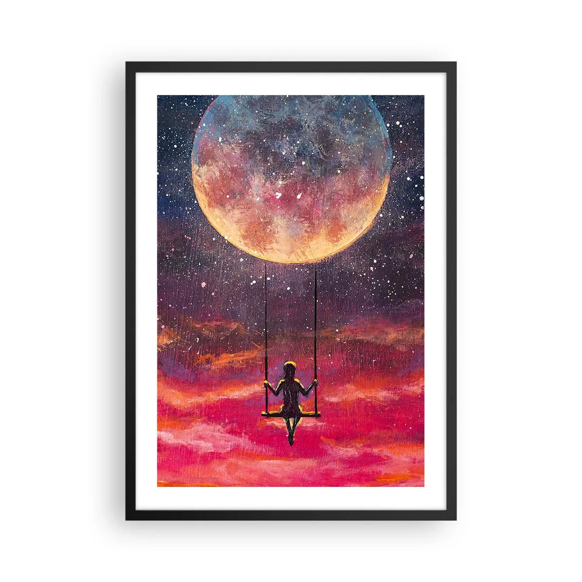 Plakát v černém rámu - Dívka na houpačce za úplňku - 50x70cm - Stavět si vzdušné zámky - Moderní nástěnná dekorace do obývacího pokoje a ložnice ARTTOR