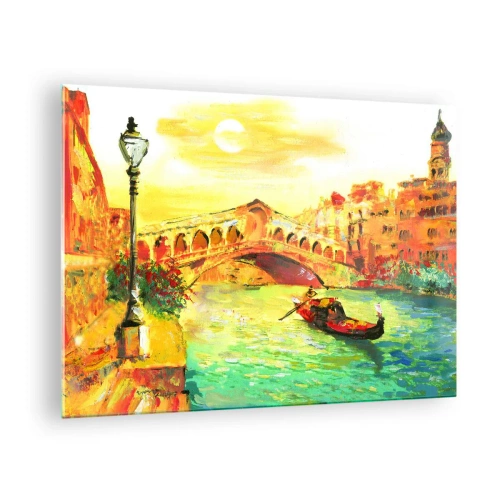 Obraz na skle - Kanál s gondolou a mostem v paprscích zapadajícího slunce - 70x50cm - Pouť zamilovaných - Moderní nástěnná dekorace do obývacího pokoje a ložnice ARTTOR