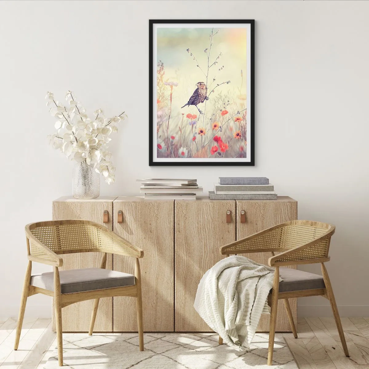 Plakát v černém rámu - Pták na louce v jemných pastelových barvách - 50x70cm - Portrét ptáka s loukou v pozadí - Moderní nástěnná dekorace do obývacího pokoje a ložnice ARTTOR