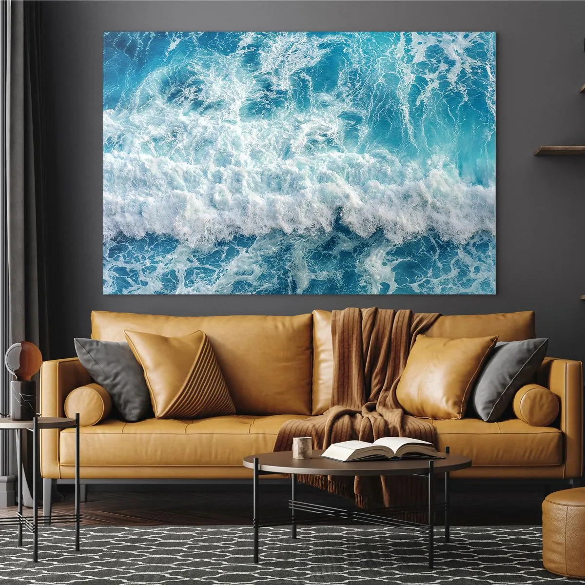 Obraz na skle - Modré vlny tříštící se o břeh - 70x50cm - Radostně a skákavě - Moderní nástěnná dekorace do obývacího pokoje a ložnice ARTTOR