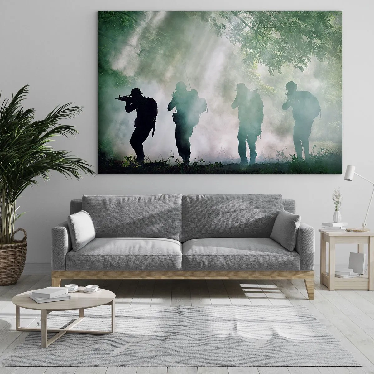 Obraz na skle - Skupina vojáků v kouři, procházející lesem, v plné pohotovosti - 70x50cm - Jeden za všechny… - Moderní nástěnná dekorace do obývacího pokoje a ložnice ARTTOR