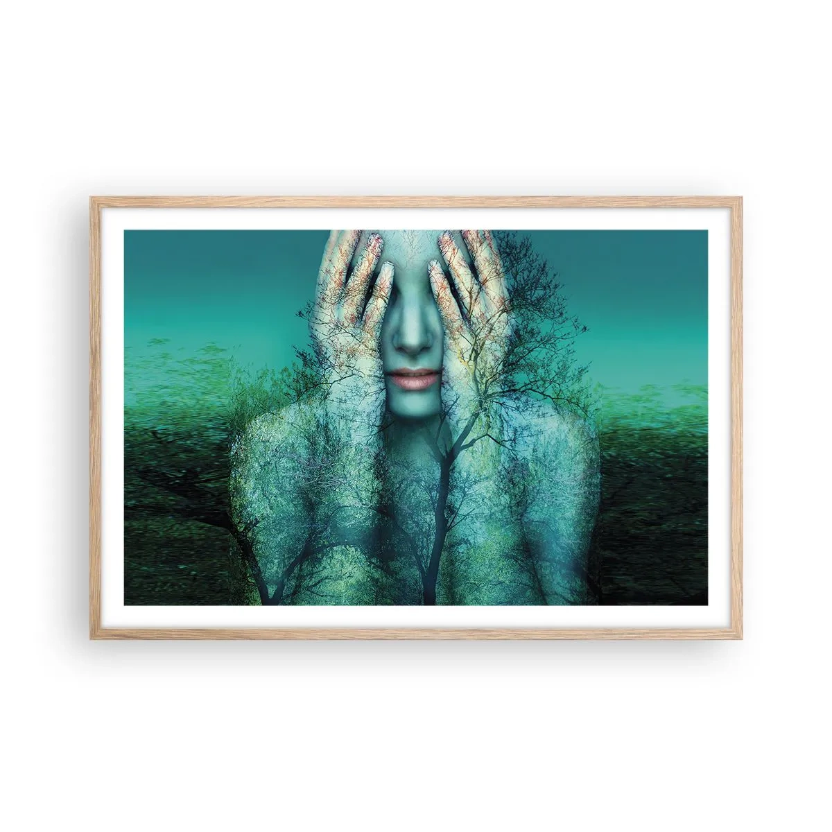 Plakát v rámu světlý dub - Ponořená do modré - 91x61 cm