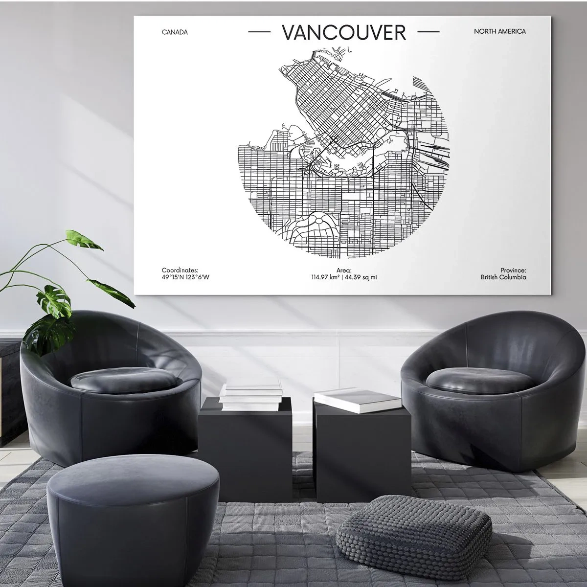 Obraz na skle - Černobílá mapa ulic Vancouveru - 70x50cm - Anatomie Vancouveru - Moderní nástěnná dekorace do obývacího pokoje a ložnice ARTTOR