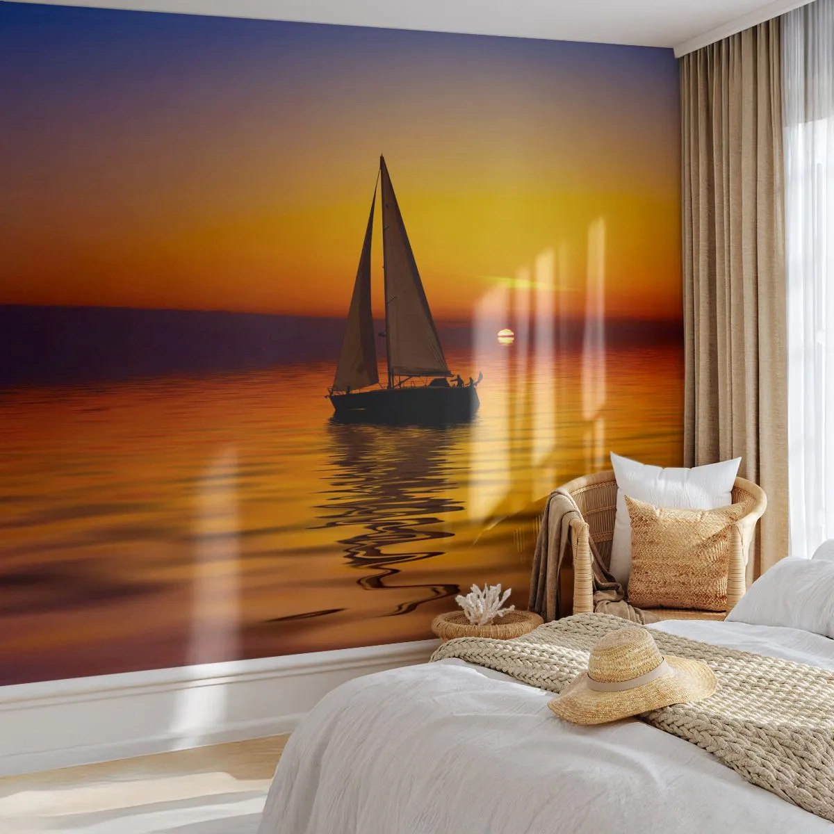 Fototapeta Premium Sand - Jak je tu za soumraku ticho… - Plachetnice, Západ slunce, Moře - 100x70 cm