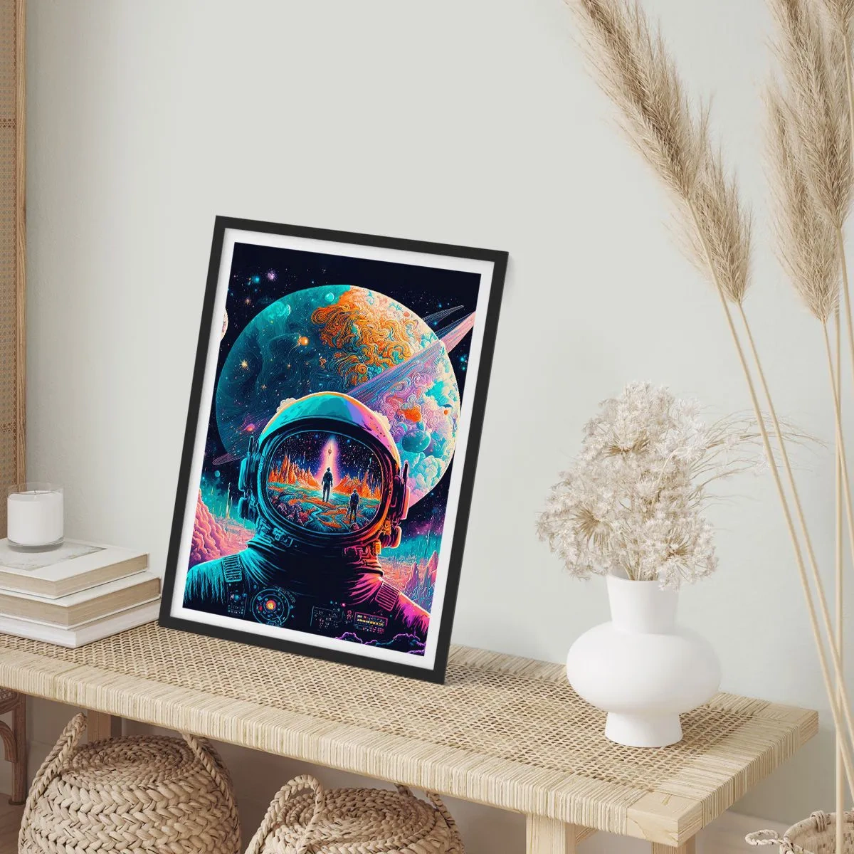 Plakát v černém rámu - Astronaut na pozadí kosmické krajiny - 50x70cm - Filosofům se to ani nesnilo - Moderní nástěnná dekorace do obývacího pokoje a ložnice ARTTOR
