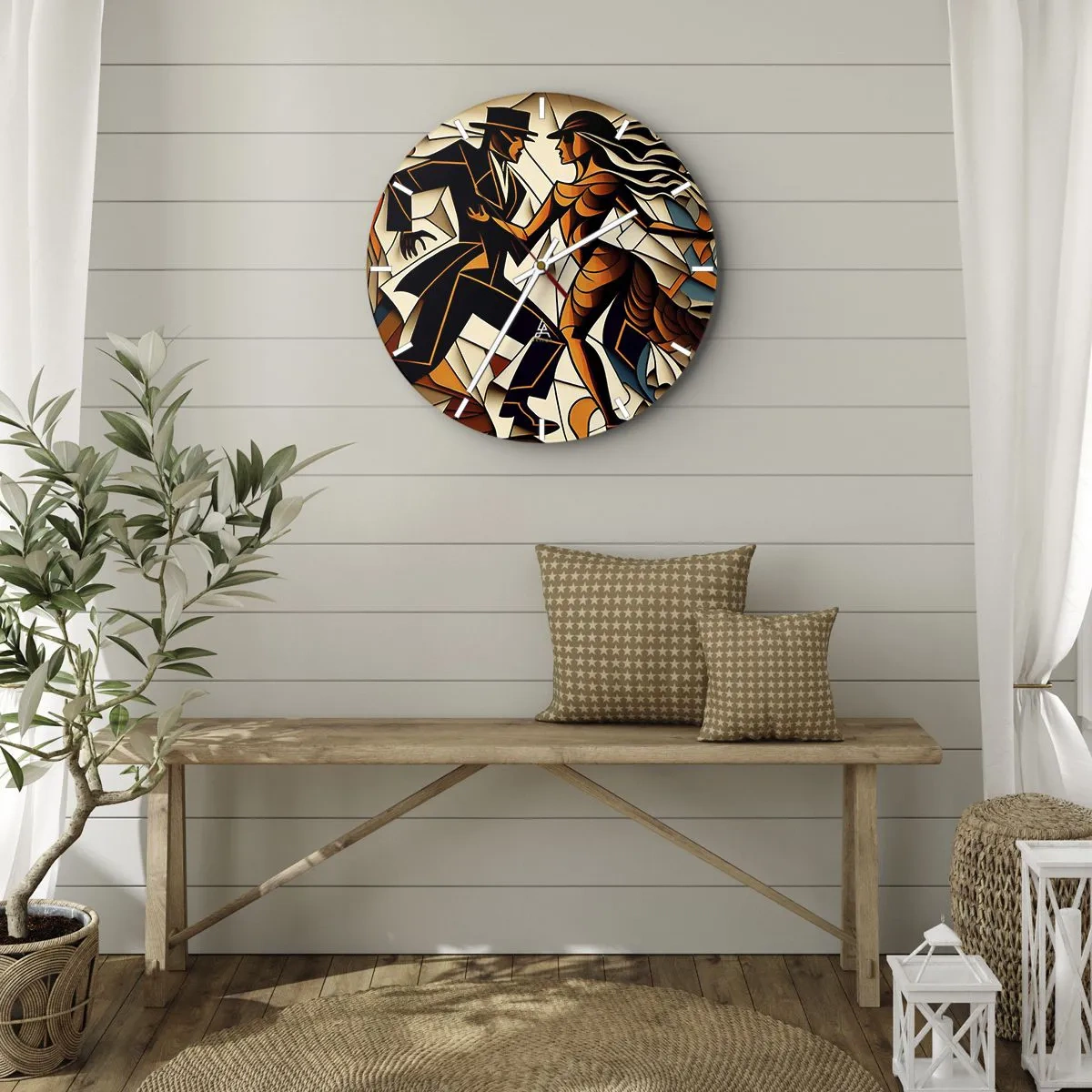 Nástěnné hodiny - Pár tančí ve stylu Art Deco s teplými tóny - 30x30cm - Tanec vřelosti a vášně - Moderní nástěnná dekorace do obývacího pokoje, kuchyně a ložnice ARTTOR