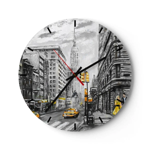 Nástěnné hodiny - Malebný výhled na New York City s taxíky na ulici - 30x30cm - Newyorský příběh - Moderní nástěnná dekorace do obývacího pokoje, kuchyně a ložnice ARTTOR