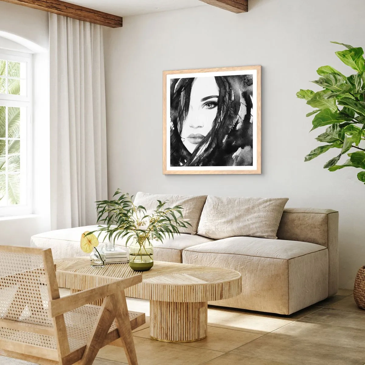 Plakát v rámu světlý dub - Portrét dámy v černé a bílé - 40x40 cm