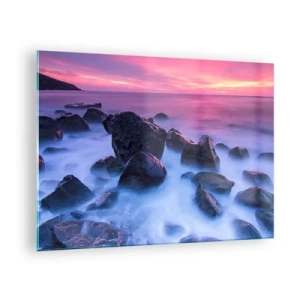 Obraz na skle - Vlny tříštící se o skály při západu slunce - 70x50cm - Narozeniny v lesku a v mlze - Moderní nástěnná dekorace do obývacího pokoje a ložnice ARTTOR