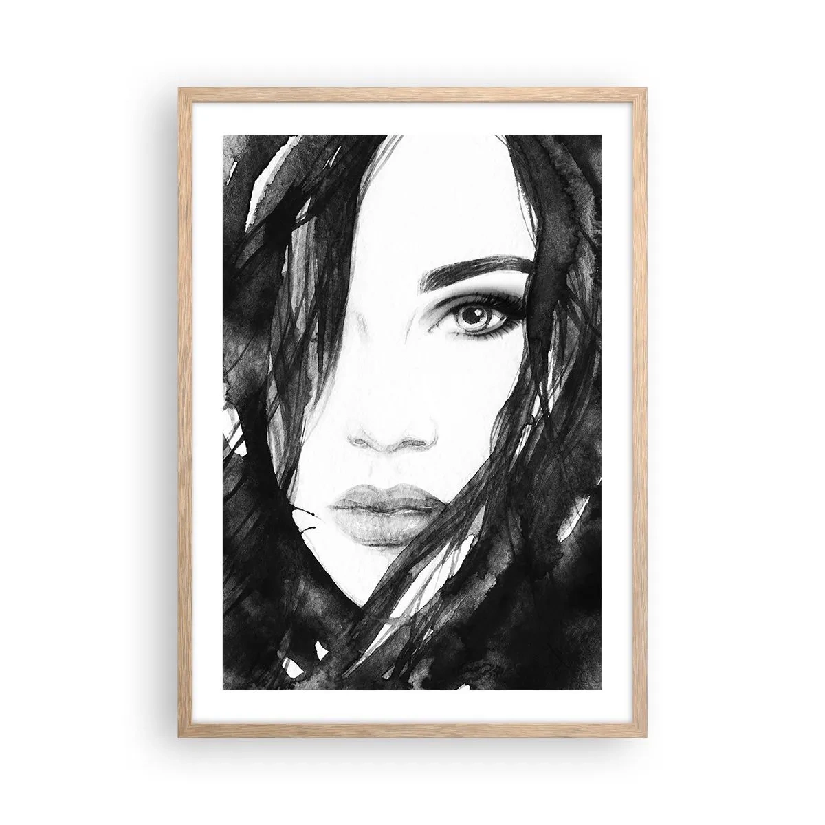 Plakát v rámu světlý dub - Portrét dámy v černé a bílé - 50x70 cm