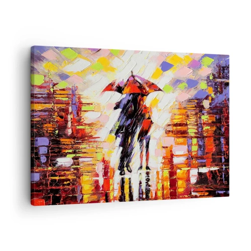 Obraz na plátně - Abstraktní scéna procházky pod slunečníkem za deštivé noci. - 70x50cm - Společně přes noc a déšť - Moderní nástěnná dekorace do obývacího pokoje a ložnice ARTTOR
