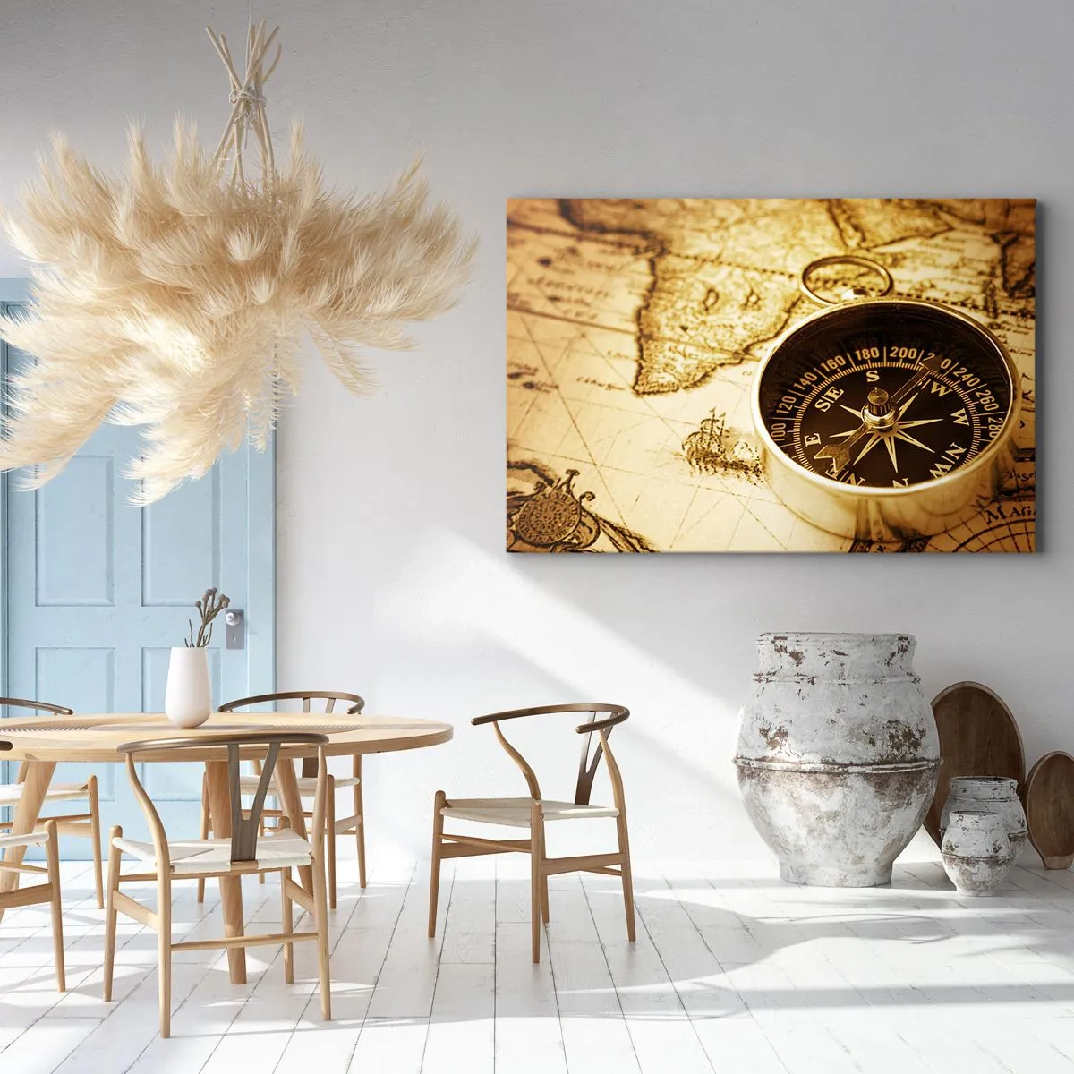 Obraz na plátně - Starožitný kompas na pozadí staré mapy světa - 70x50cm - Na východ nebo na západ? - Moderní nástěnná dekorace do obývacího pokoje a ložnice ARTTOR