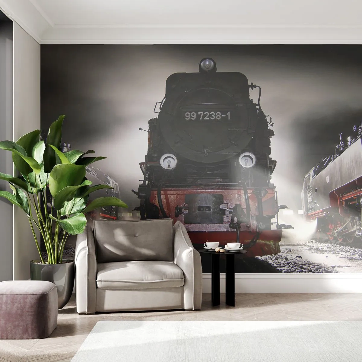 Fototapeta Samolepicí Deluxe Sticker - Stojí a sápe, funí a fouká - Parní lokomotiva, Vlakové nádraží, Automobilový průmysl - 250x175 cm