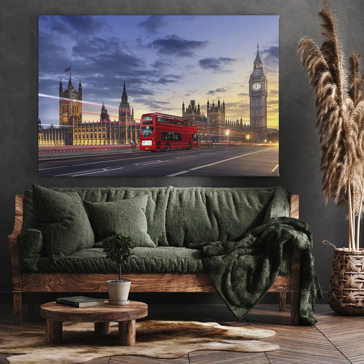 Obraz na plátně - Červený autobus s Big Benem a budovou parlamentu v pozadí za soumraku. - 70x50cm - Zvláštní znaky - Moderní nástěnná dekorace do obývacího pokoje a ložnice ARTTOR