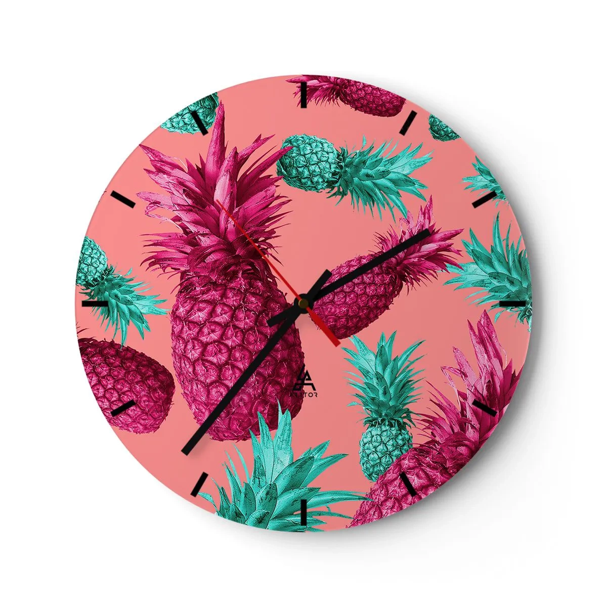Nástěnné hodiny - Růžové a zelené ananasy na pastelově růžovém pozadí - 30x30cm - Svoboda je sladká - Moderní nástěnná dekorace do obývacího pokoje, kuchyně a ložnice ARTTOR