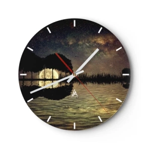Nástěnné hodiny - Krajina s jezerem, stromy a hvězdnou oblohou v noci - 30x30cm - Noc na konci světa - Moderní nástěnná dekorace do obývacího pokoje, kuchyně a ložnice ARTTOR