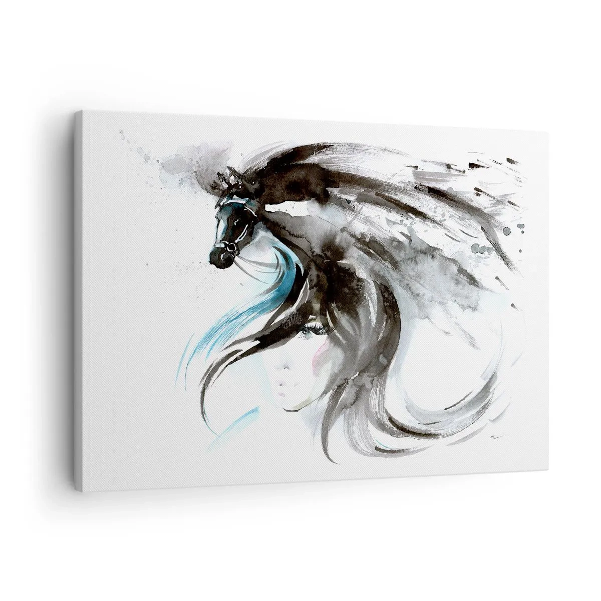 Obraz na plátně - Žena a kůň v mystickém akvarelu plném dynamiky - 70x50cm - Cval Černého knížete - Moderní nástěnná dekorace do obývacího pokoje a ložnice ARTTOR