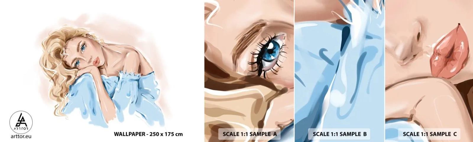 Fototapeta Vzorek Standard Eco - Zasněná v modré - Žena, Móda, Grafika - 100x30 cm