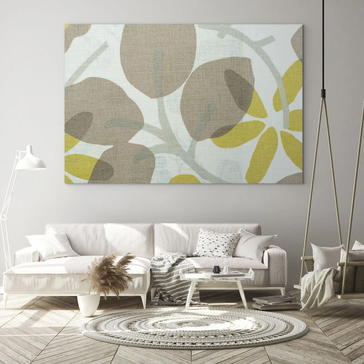 Obraz na skle - Stylizované listy a květy v pastelových odstínech béžové a žluté - 70x50cm - Kompozice v plném slunci - Moderní nástěnná dekorace do obývacího pokoje a ložnice ARTTOR