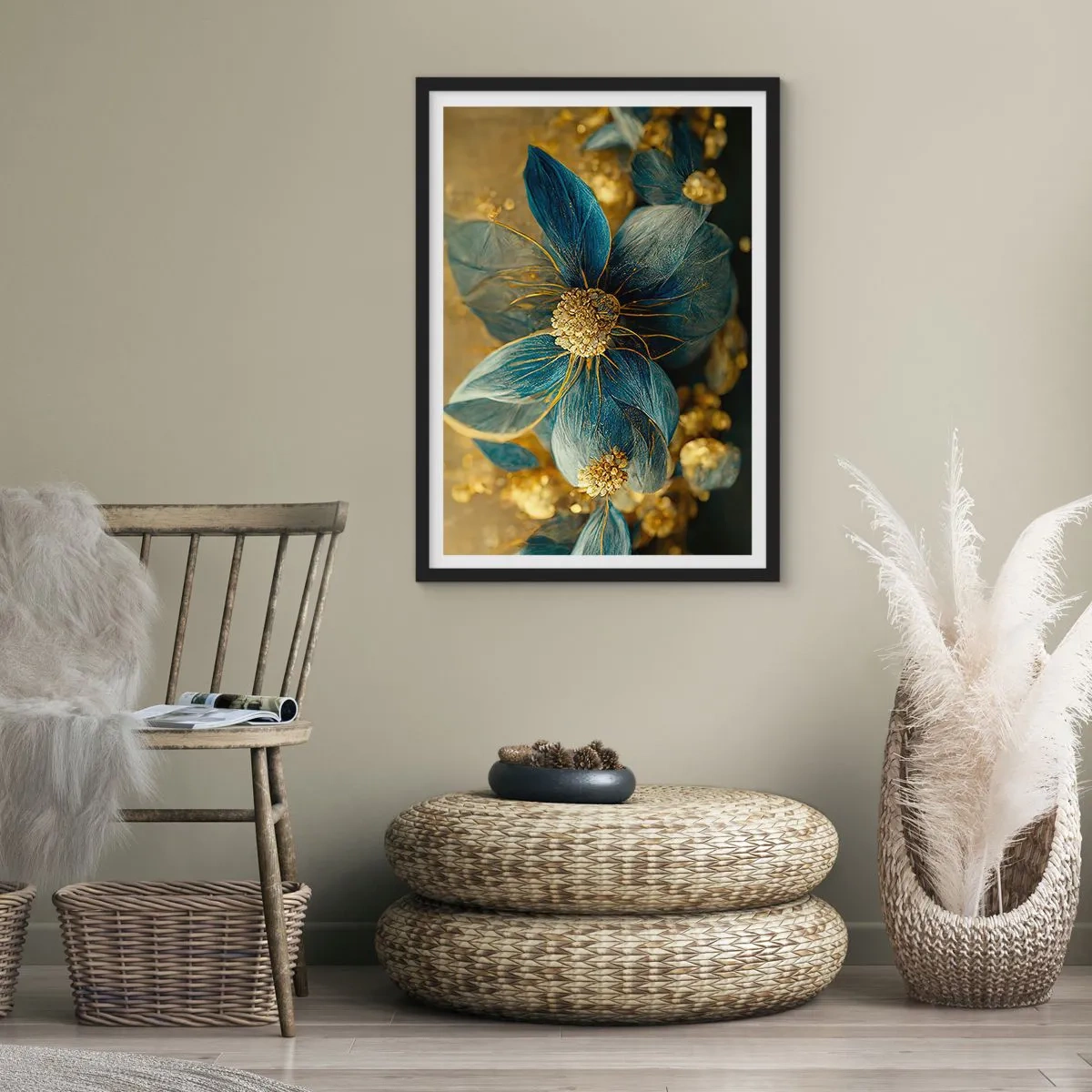 Plakát v černém rámu - Zlaté a tmavě modré květy v elegantní kompozici - 50x70cm - Rozkvést zlatem - Moderní nástěnná dekorace do obývacího pokoje a ložnice ARTTOR