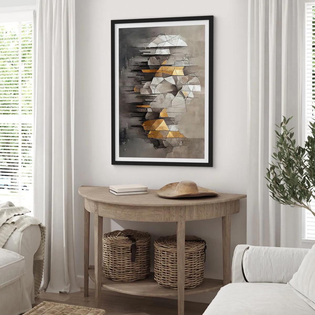 Plakát v černém rámu - Geometrická abstrakce v odstínech šedé a zlaté - 50x70cm - Kompozice z ledu a světla - Moderní nástěnná dekorace do obývacího pokoje a ložnice ARTTOR