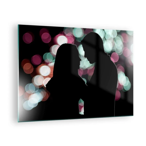 Obraz na skle - Siluety páru na pozadí barevných bokeh světel - 70x50cm - Ano! - Moderní nástěnná dekorace do obývacího pokoje a ložnice ARTTOR
