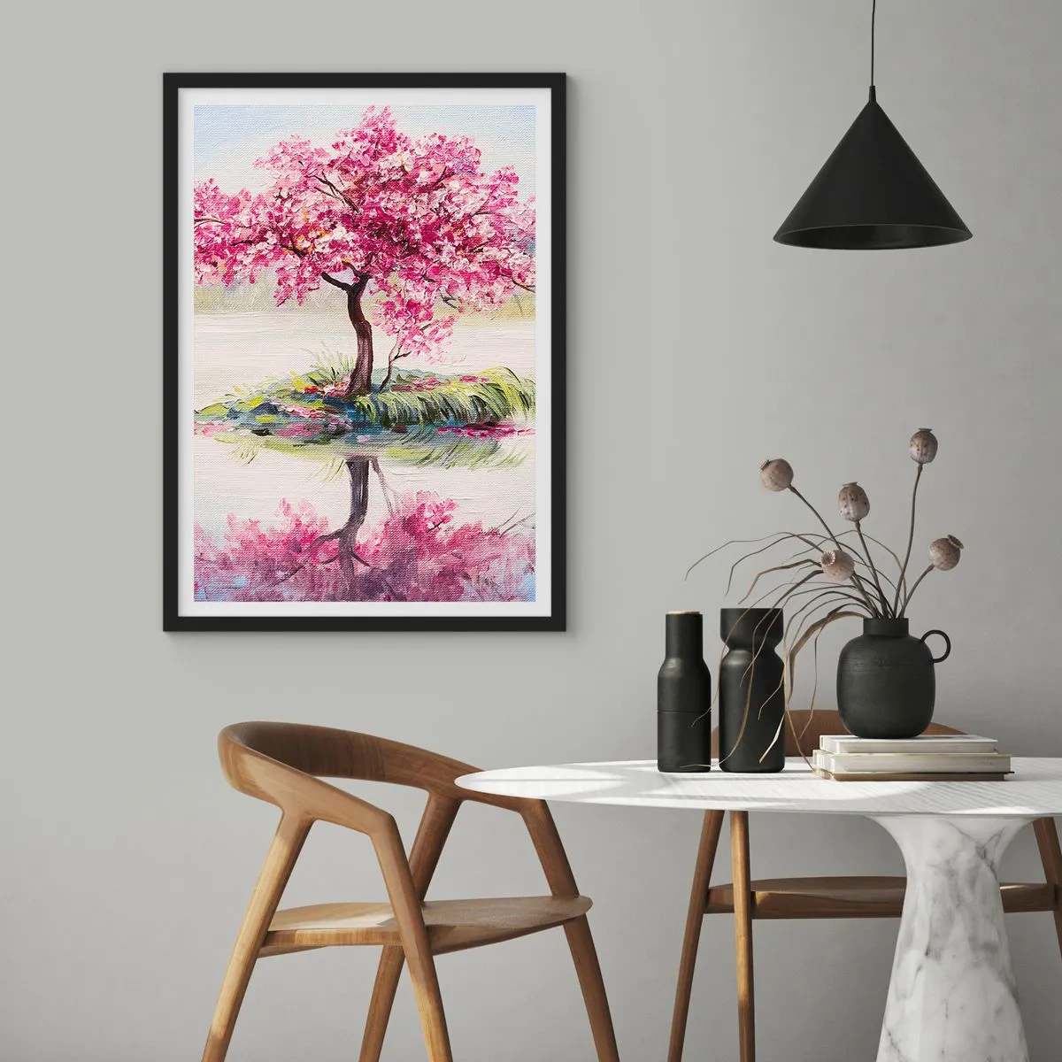Plakát v černém rámu - Třešeň u klidného jezera - 50x70cm - Svátek jara - Moderní nástěnná dekorace do obývacího pokoje a ložnice ARTTOR