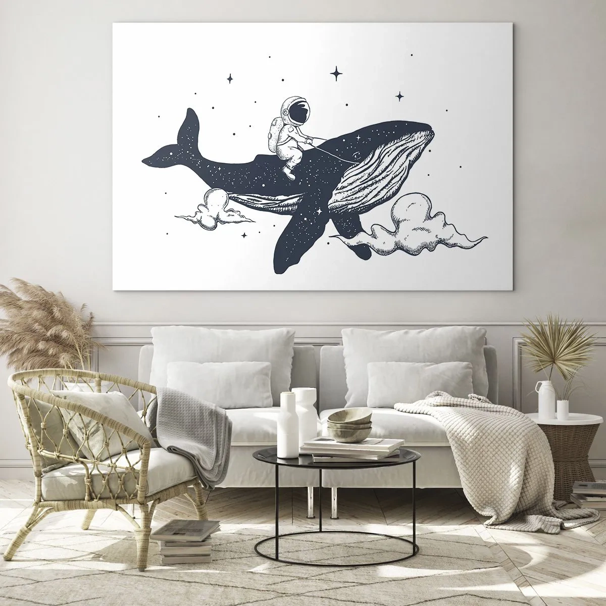 Obraz na skle - Astronaut na velrybě mezi hvězdami a mraky - 70x50cm - Vesmírné dobrodružství - Moderní nástěnná dekorace do obývacího pokoje a ložnice ARTTOR