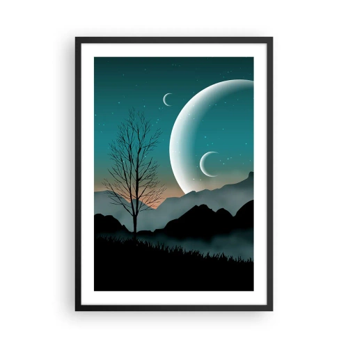 Plakát v černém rámu - Umělecká krajina s měsícem na pozadí hor a stromů - 50x70cm - Karneval hvězdné noci - Moderní nástěnná dekorace do obývacího pokoje a ložnice ARTTOR
