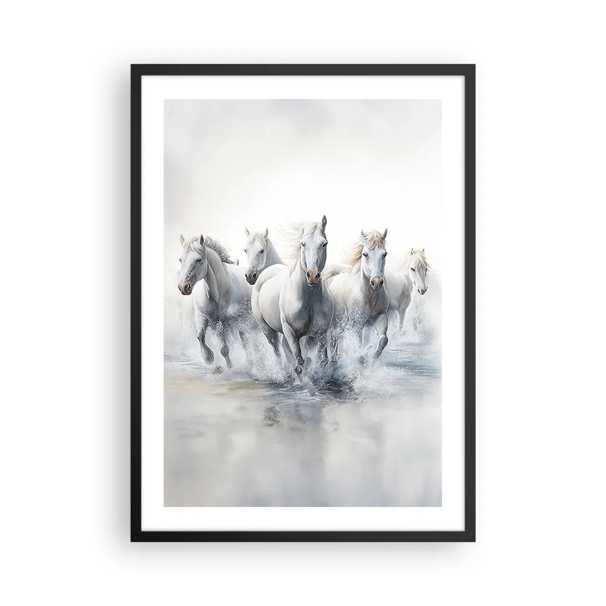 Plakát v černém rámu - Bílí koně cválající po vodě v dynamickém prostředí - 50x70cm - Bílá magie - Moderní nástěnná dekorace do obývacího pokoje a ložnice ARTTOR