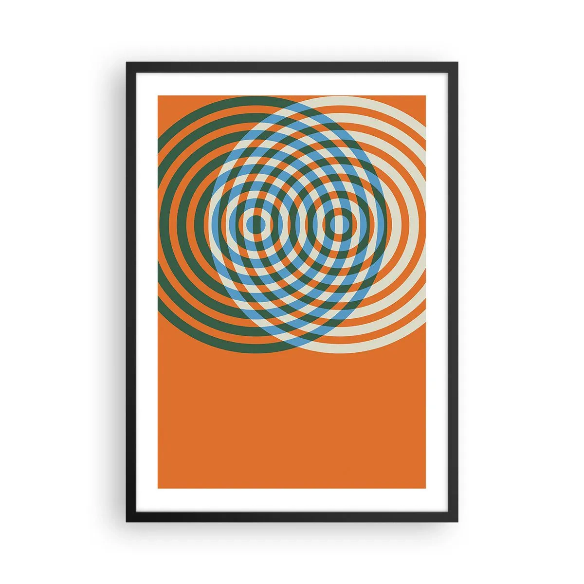 Plakát v černém rámu - Barevné soustředné kruhy na oranžovém pozadí - 50x70cm - Abstraktní kruhová variace - Moderní nástěnná dekorace do obývacího pokoje a ložnice ARTTOR