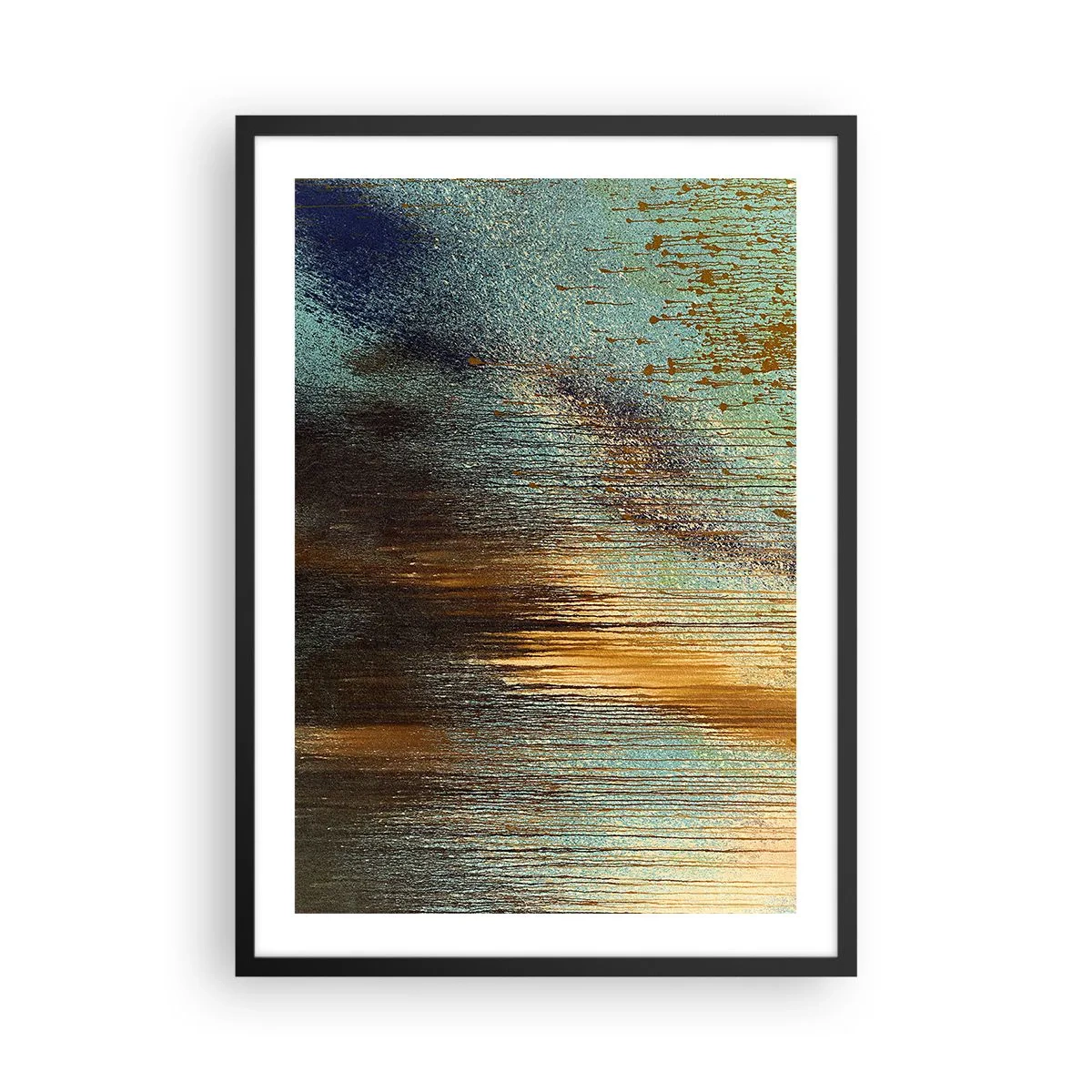 Plakát v černém rámu - Abstraktní kompozice zlatých a modrých tahů barvy. - 50x70cm - Nenáhodná barevná kompozice - Moderní nástěnná dekorace do obývacího pokoje a ložnice ARTTOR