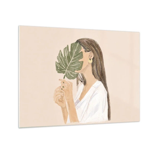Obraz na skle - Žena s dlouhými vlasy držící list před obličejem. - 70x50cm - Tajemný portrét s vějířem - Moderní nástěnná dekorace do obývacího pokoje a ložnice ARTTOR