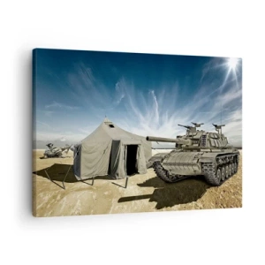 Obraz na plátně - Tank vedle vojenského stanu v pouštní oblasti - 70x50cm - Militantní sen - Moderní nástěnná dekorace do obývacího pokoje a ložnice ARTTOR
