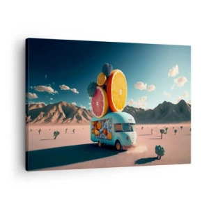 Obraz na plátně - Ovocný náklaďák v pouštní krajině - 70x50cm - Chuť prázdnin - Moderní nástěnná dekorace do obývacího pokoje a ložnice ARTTOR