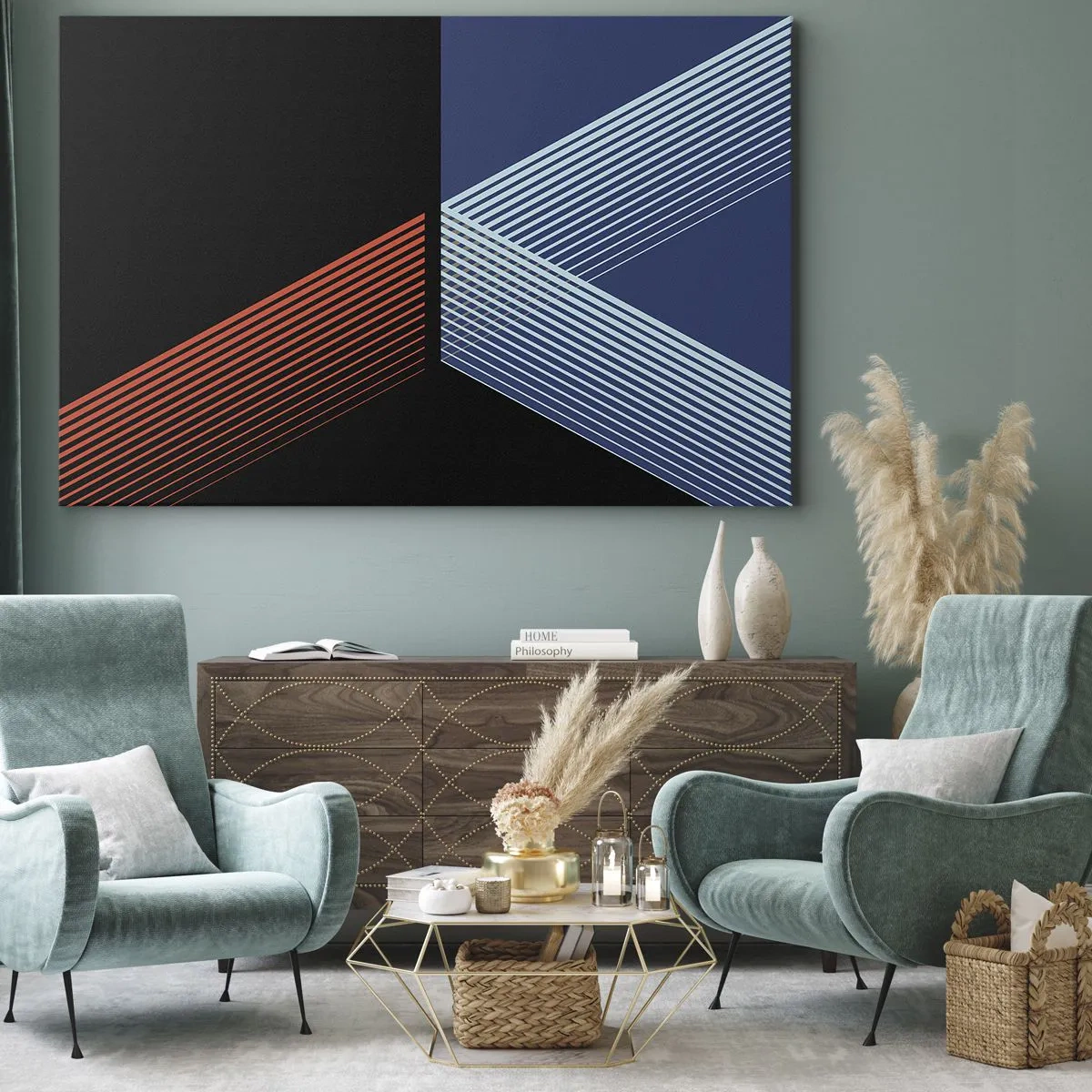 Obraz na plátně - Geometrické linie v odstínech červené a modré - 70x50cm - Jednoduchý příběh - Moderní nástěnná dekorace do obývacího pokoje a ložnice ARTTOR