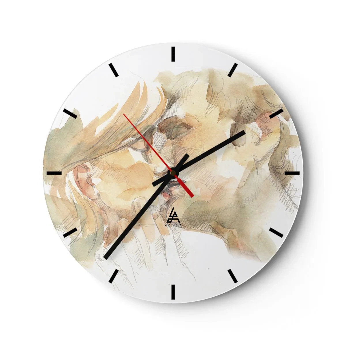 Nástěnné hodiny - Pastelově zbarvený akvarelový portrét líbajícího se páru - 30x30cm - Nalezena polovina? - Moderní nástěnná dekorace do obývacího pokoje, kuchyně a ložnice ARTTOR