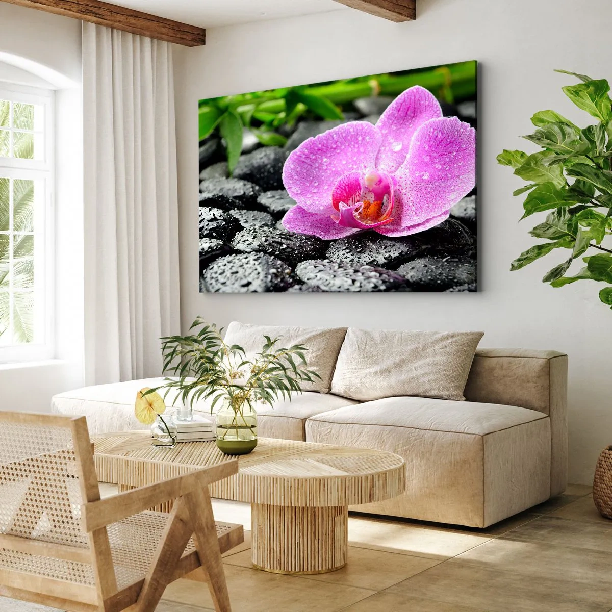 Obraz na plátně - Růžová orchidej na mokrých černých kamenech se zelenými listy - 70x50cm - Jako otevřené srdce - Moderní nástěnná dekorace do obývacího pokoje a ložnice ARTTOR