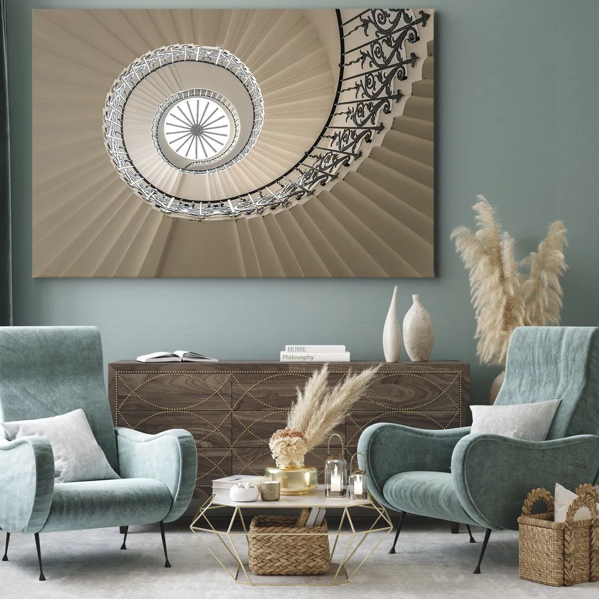 Obraz na plátně - Točité schodiště v elegantním geometrickém stylu - 70x50cm - Uvnitř mušle - Moderní nástěnná dekorace do obývacího pokoje a ložnice ARTTOR