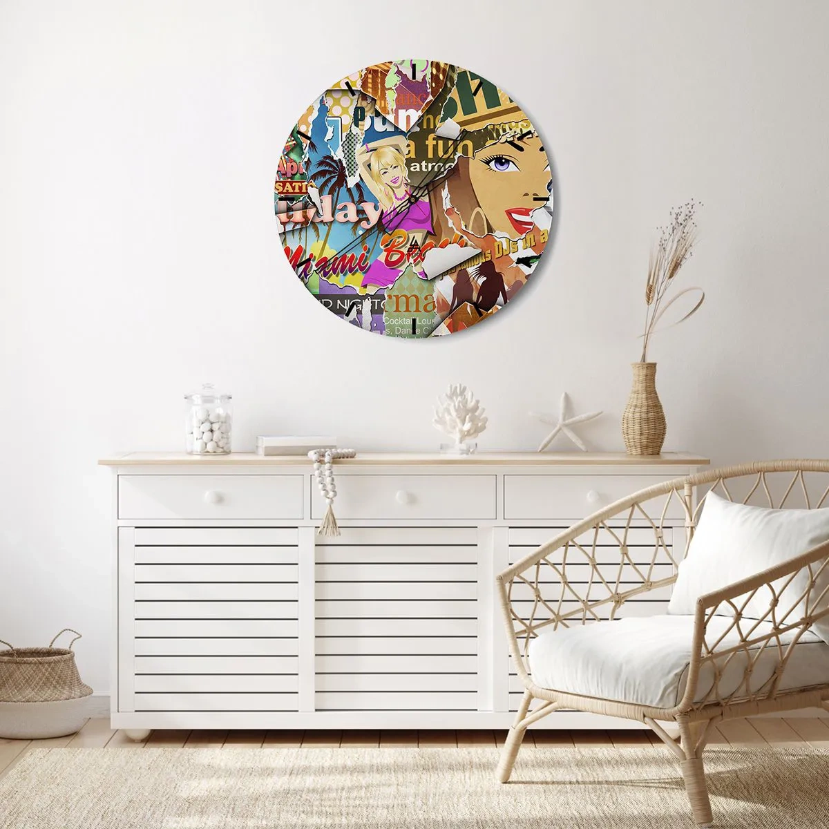 Nástěnné hodiny - Barevná kompozice plakátů v retro stylu - 30x30cm - Prázdninové retrospektiva - Moderní nástěnná dekorace do obývacího pokoje, kuchyně a ložnice ARTTOR