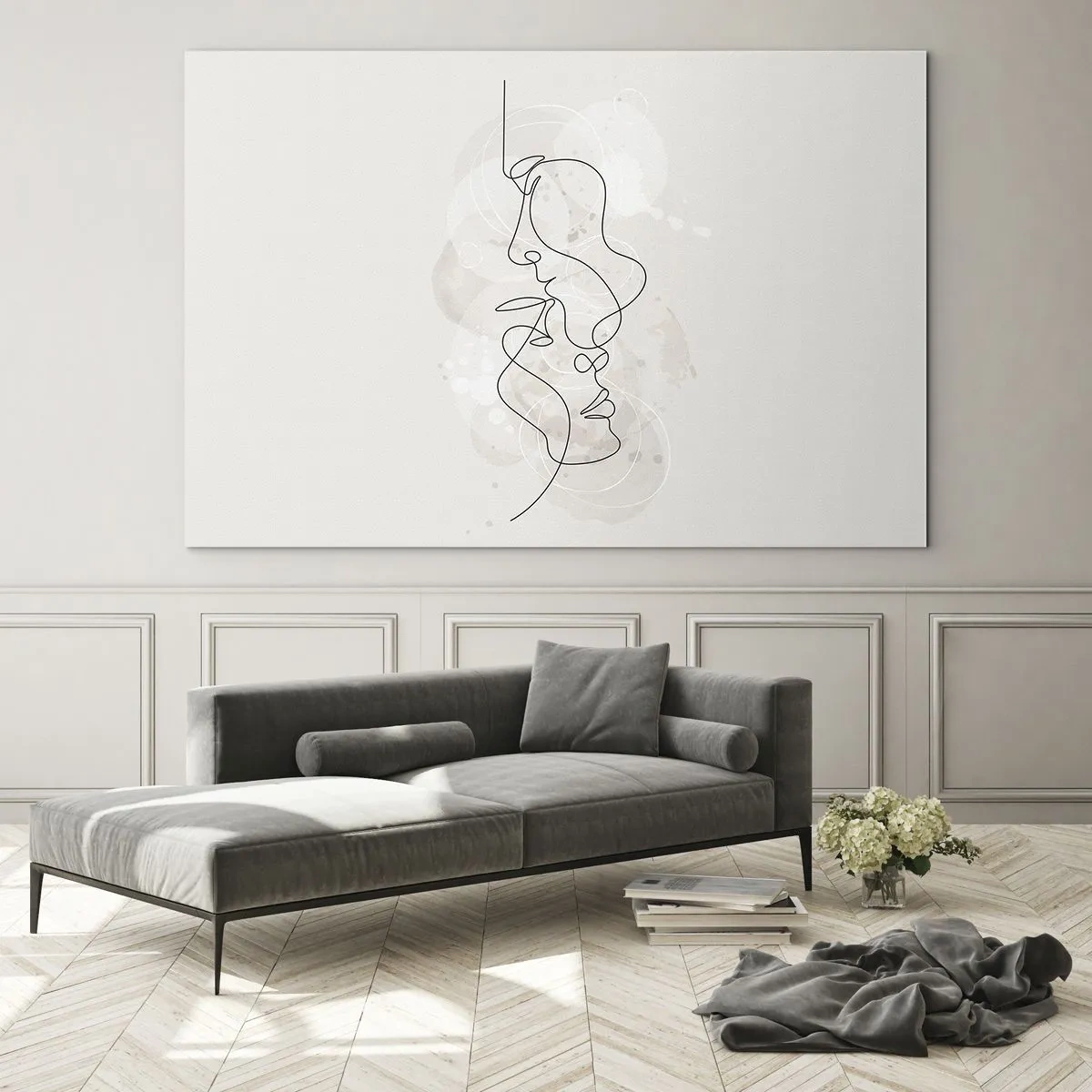 Obraz na skle - Minimalistická kresba tváří dvou lidí v jemném, smyslném objetí. - 70x50cm - Zamotaní v objetí - Moderní nástěnná dekorace do obývacího pokoje a ložnice ARTTOR