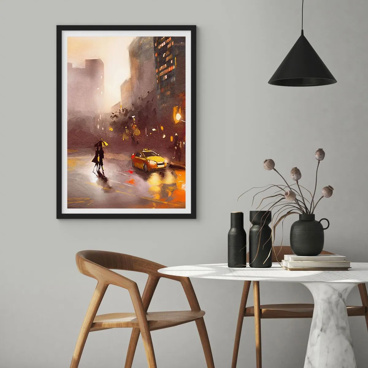 Plakát v černém rámu - Akvarelový obraz nočního města ve světle luceren - 50x70cm - Ve světlech New Yorku - Moderní nástěnná dekorace do obývacího pokoje a ložnice ARTTOR
