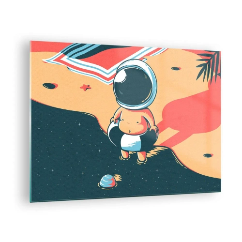 Obraz na skle - Postava astronauta na pláži s kosmickou krajinou - 70x50cm - Z jiné perspektivy - Moderní nástěnná dekorace do obývacího pokoje a ložnice ARTTOR