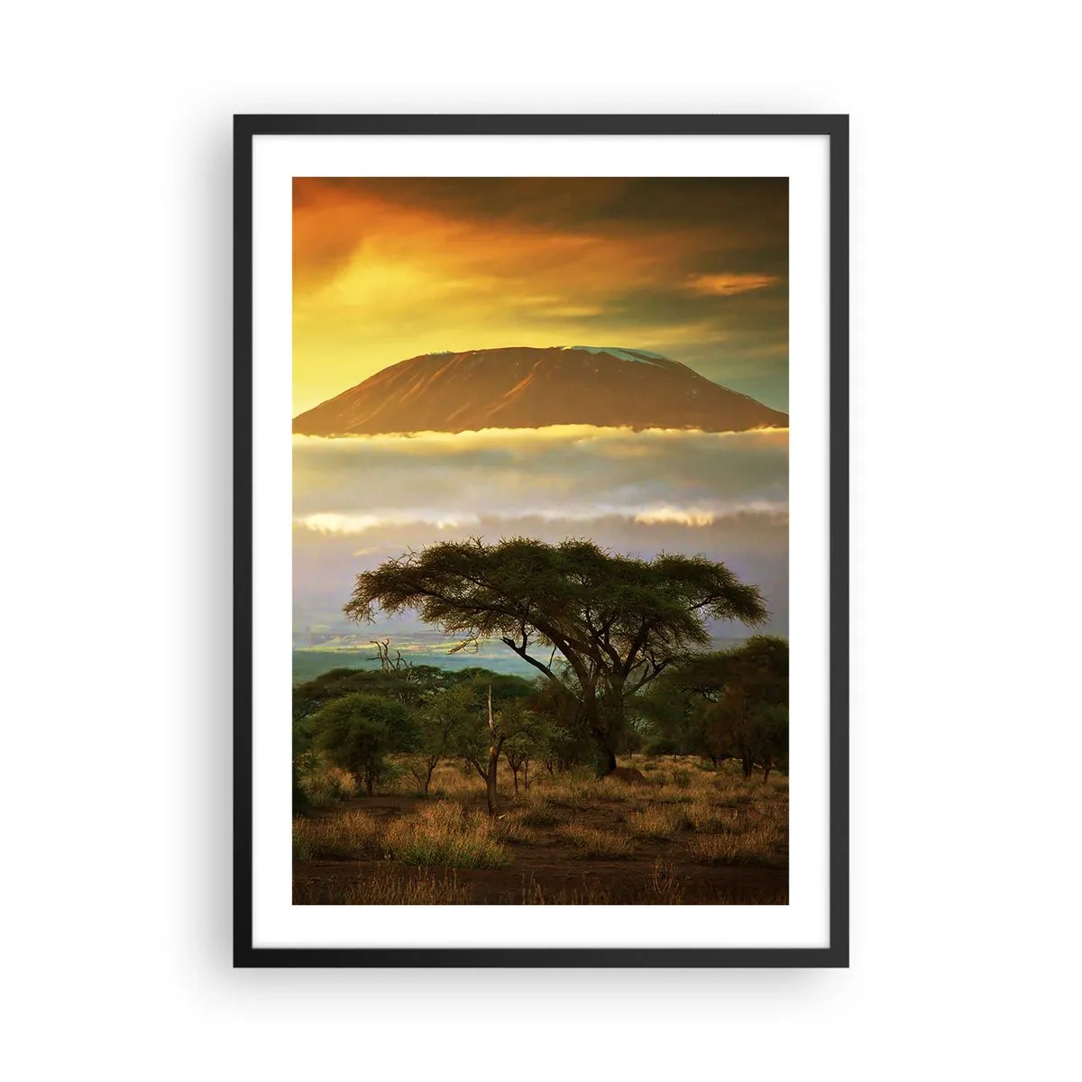 Plakát v černém rámu - Kilimandžáro při západu slunce v africké savaně - 50x70cm - Sen cestovatele - Moderní nástěnná dekorace do obývacího pokoje a ložnice ARTTOR