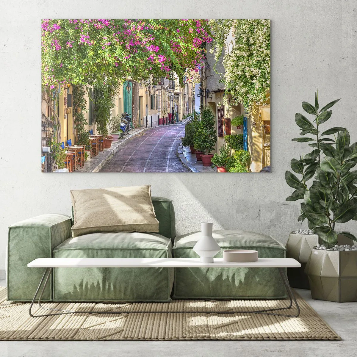 Obraz na skle - Kouzelná ulice s kvetoucími stromy - 70x50cm - Kvetoucí zákoutí - Moderní nástěnná dekorace do obývacího pokoje a ložnice ARTTOR